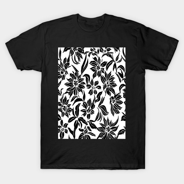 White and Black Floral Lino Print T-Shirt by Velvet Earth